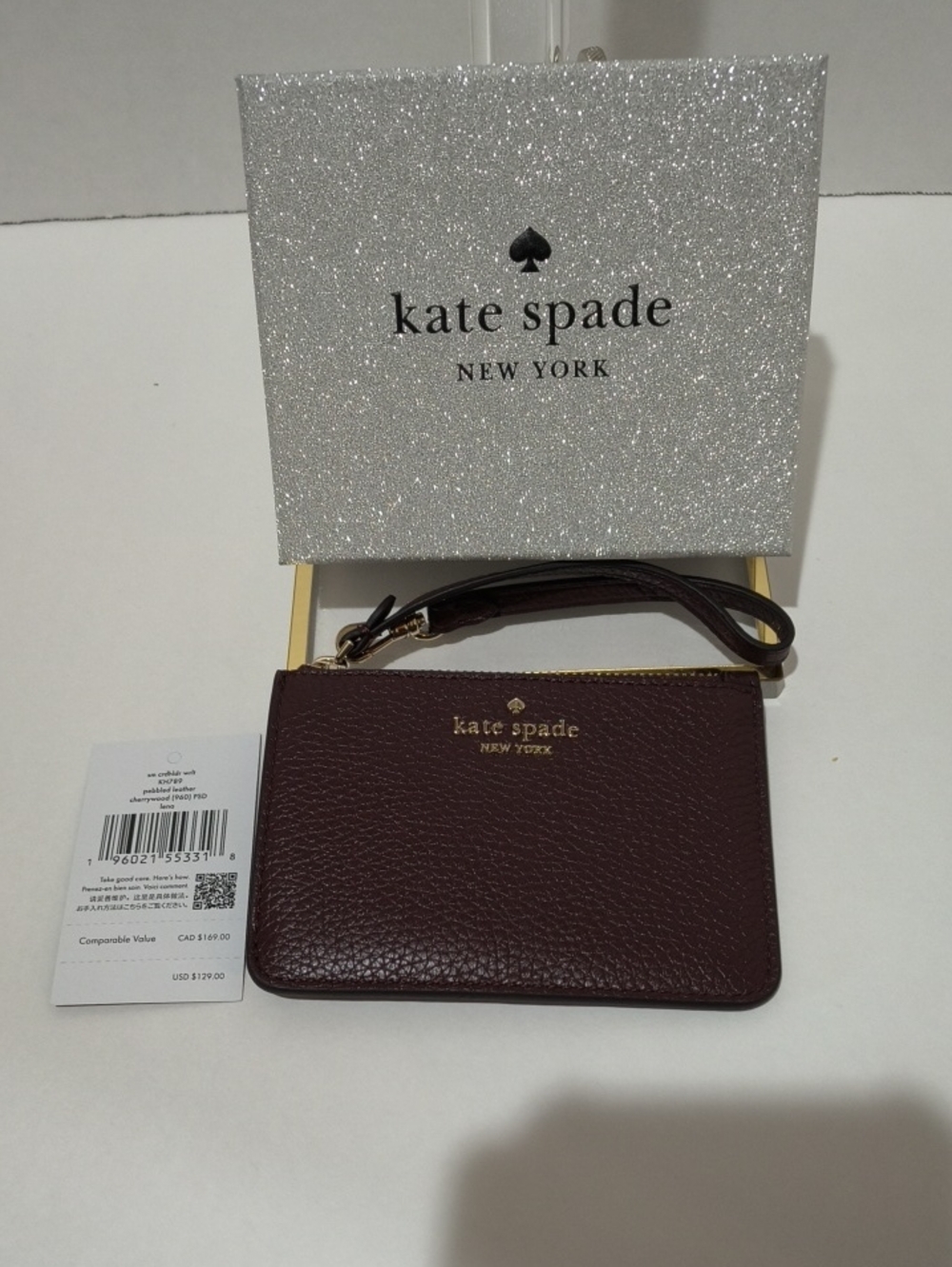 Kate Spade Burgundy Pebbled Leather Wristlet Card Case Gift Box